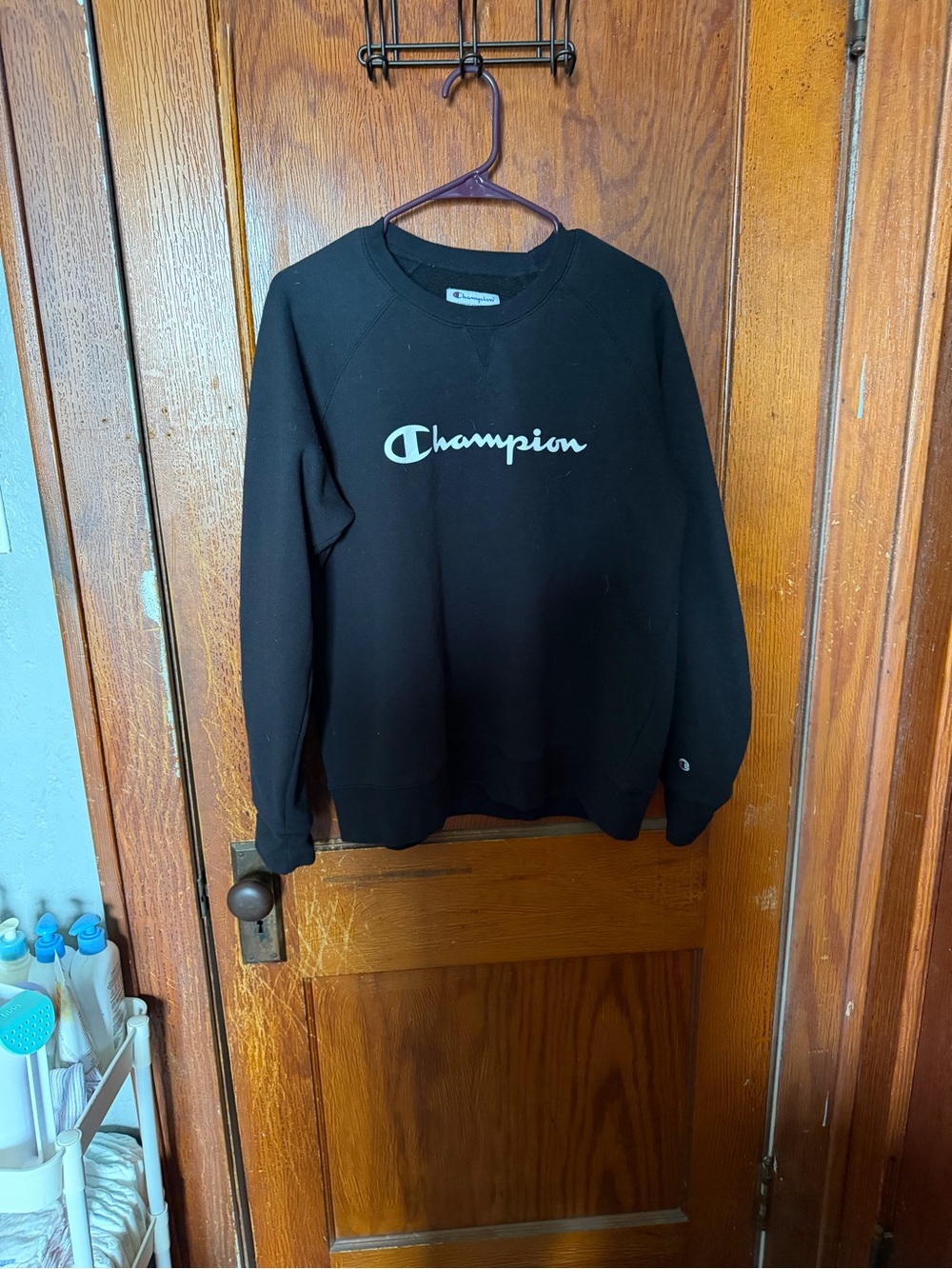 Champion Black Crewneck Sweatshirt with White Script Logo